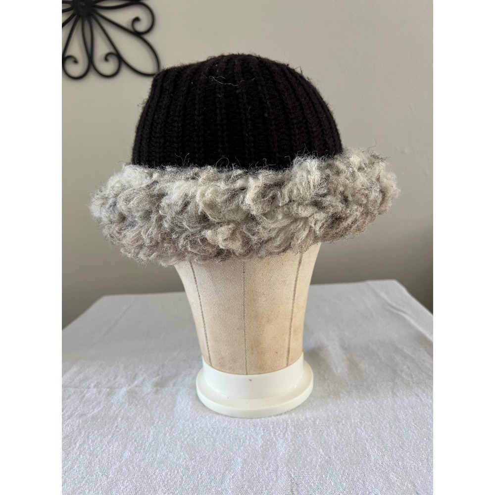 Vintage Black Knit Faux Shearling Trim Winter Beanie One Size